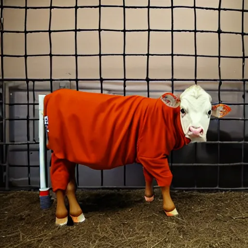 Image similar to mugshot of a calf dressed as an inmate