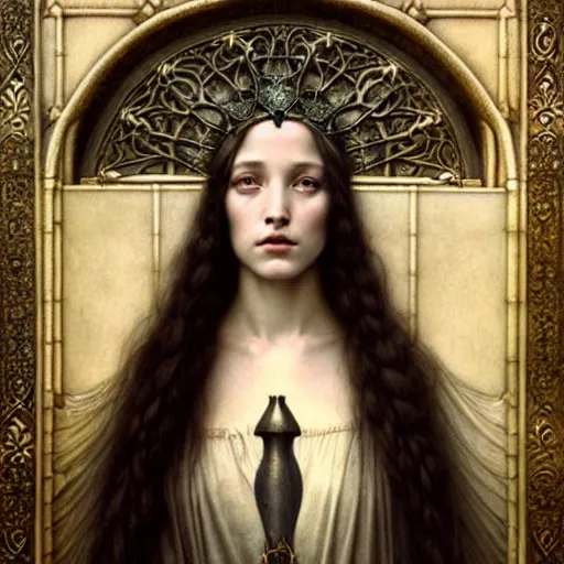 Image similar to detailed realistic beautiful young medieval queen face portrait by jean delville, tom bagshaw, brooke shaden, gustave dore and marco mazzoni, art nouveau, symbolist, visionary, gothic, pre - raphaelite, ornate gilded medieval icon, surreality, ethereal, unearthly, haunting, celestial, neo - gothic, ghostly