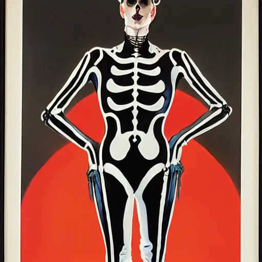 Prompt: portrait of a woman, wearing a skeleton catsuit, by alex ross and norman rockwell.