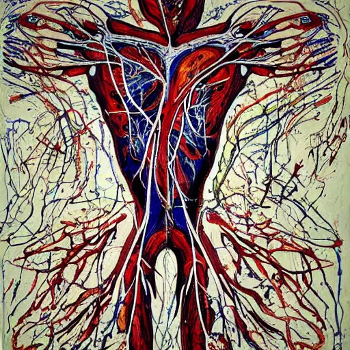 Image similar to cardiac anatomy, real heart, anatomic, painting by jackson pollock