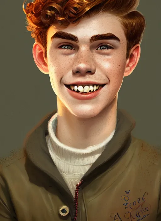 Prompt: portrait of teenage archie andrews, freckles, curly middle part haircut, curly hair, smiling kindly, 1 9 5 0 s, intricate, elegant, glowing lights, highly detailed, digital painting, artstation, concept art, smooth, sharp focus, illustration, art by wlop, mars ravelo and greg rutkowski