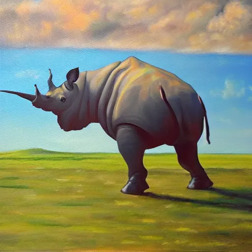 Prompt: oil on canvas of, rhinoceros laying an egg in hawaii