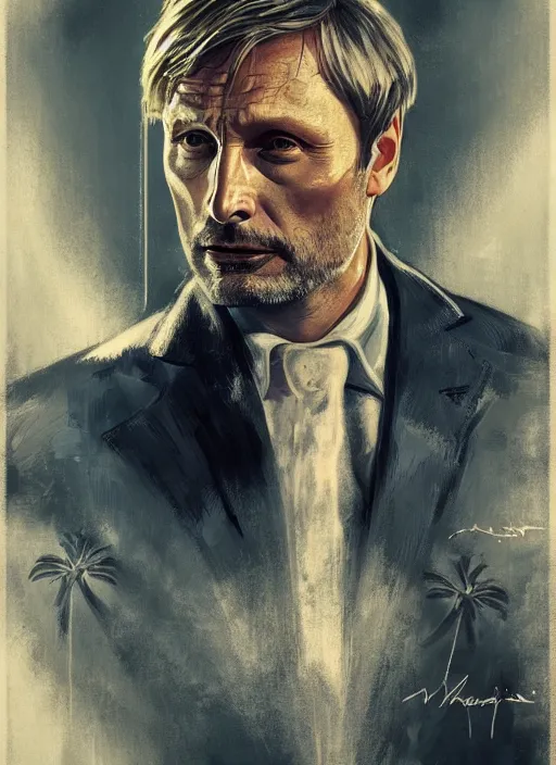 Prompt: portrait of mads mikkelsen as james bond, key art, palm trees, vintage aston martin, highly detailed, digital painting, artstation, concept art, cinematic lighting, sharp focus, illustration, by gaston bussiere alphonse mucha