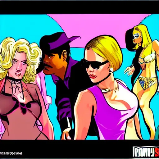 Image similar to pimp surrounded by girls in the style of gta vice city, comic book, cartoon, jim steranko