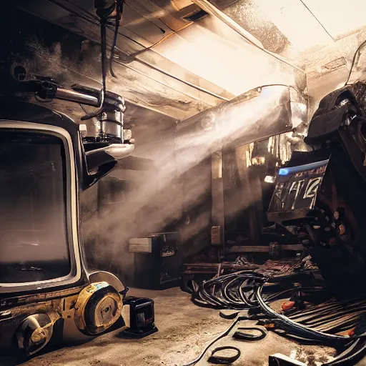 Image similar to head of toaster oven mecha, dark messy smoke - filled cluttered workshop, dark, dramatic lighting, orange tint, cinematic, highly detailed, sci - fi, futuristic, movie still