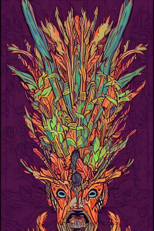 Image similar to animal mask totem roots flower tribal feather gemstone plant wood rock shaman vodoo video game vector cutout illustration vivid multicolor borderlands comics by josan gonzales and dan mumford radiating a glowing aura