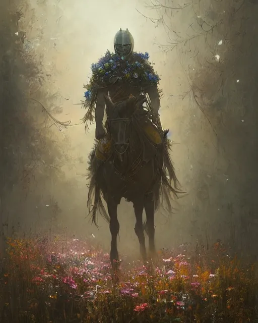 Image similar to Hyper realistic oil painting of a knight covered in flowers, fog, volumetric lighting, nighttime, moonlight, creepy, by greg rutkowski