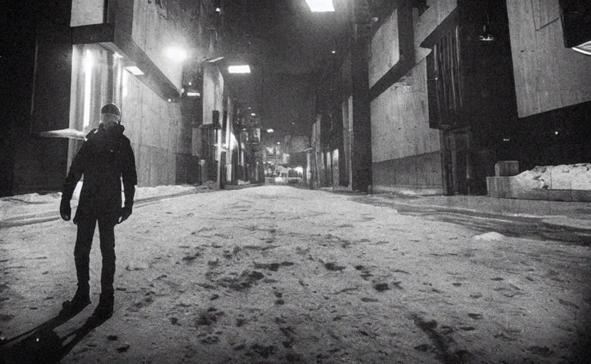 Image similar to In a futuristic space city of Neo Norilsk on the Moon, a Mysterious man is standing in the middle of a street photo by Trent Parke, bright lights, a city on the Moon