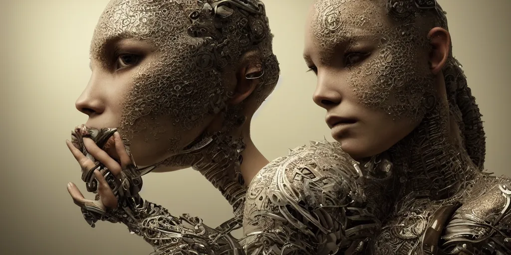 Image similar to hyperrealistic photography of a stunningly beautiful cyborg, intimate, holding close, in the style of beth cavener, jin kagetsu,, and wlop, highly detailed, intricate filigree,, masterpiece, award winning, sharp focus, concept art, ringflash lighting, ambient lighting, octane render, 8 k, artstation