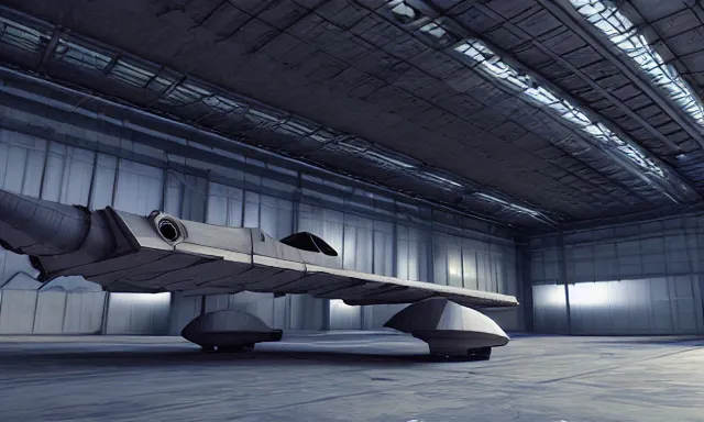 Image similar to matte painting, digital painting, high quality, unreal engine 5, spaceship in hangar