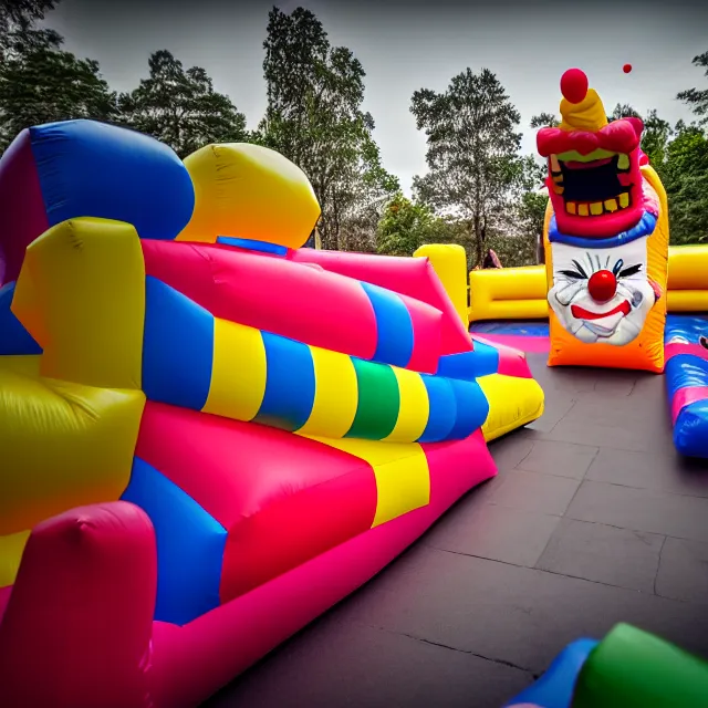 Image similar to , chased by a scary clown in an infinite liminal space made of bouncy castle, highly detailed, 8 k, hdr, smooth, sharp focus, high resolution, award - winning photo