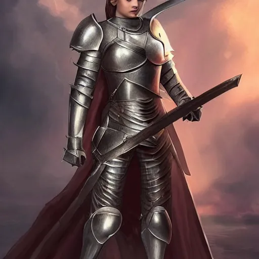 Image similar to a beautiful female knight in a light armor, without any battle experience, who only came to see a dragon, symmetrical, cinematic, real photography