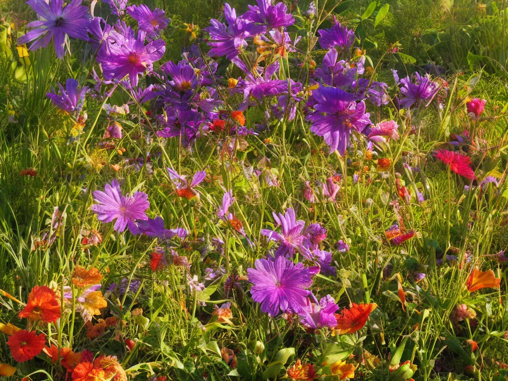 Image similar to sunlight study, wildflower undergrowth, art nouveau, by jan davidz de heem and ( ( ( ( ( lisa frank ) ) ) ) ), 8 k, sharp focus, octane render, kauai