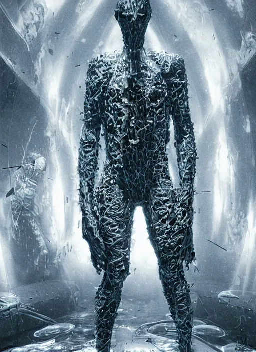 Image similar to astronauts in dark and empty void underwater - complex and hyperdetailed technical suit. reflection and dispersion materials. rays and dispersion of light. volumetric light. 5 0 mm, f / 3 2. noise film photo. flash photography. ultra realistic, wide angle. poster by wayne barlowe, hajime sorayama aaron horkey, craig mullins