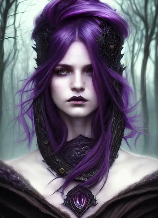 Image similar to portrait dark witch, adventurer outfit large cloak, fantasy forest landscape, dragon scales, fantasy magic, undercut hairstyle, short purple black fade hair, dark light night, intricate, elegant, sharp focus, illustration, highly detailed, digital painting, concept art, matte, art by wlop and artgerm and greg rutkowski and alphonse mucha, masterpiece