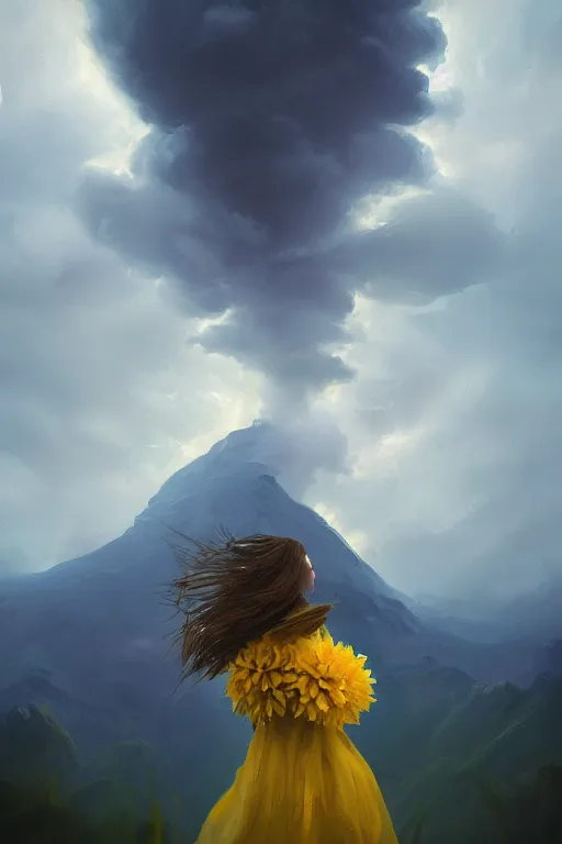 Image similar to closeup girl with huge yellow dahlia flower face, intricate, standing on mountain, surreal photography, blue storm clouds, dramatic light, impressionist painting, digital painting, artstation, simon stalenhag