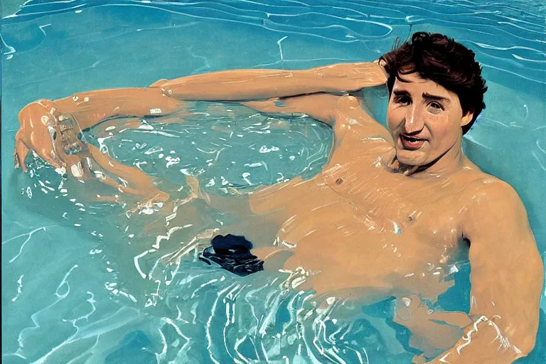 Prompt: justin trudeau in a swimming pool in a house in california, magazine centerfold, by david hockney, peter doig, lucien freud, francis bacon, bouguereau, norman rockwell, pop realism