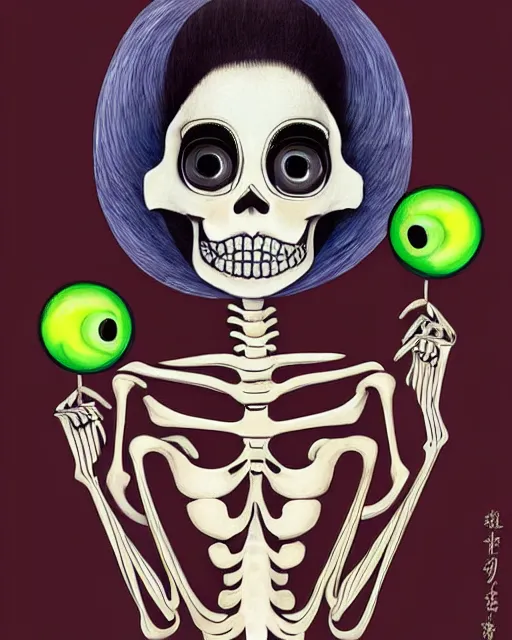 Image similar to a surrealistic head and shoulder painting of a gorgeous female skeleton with cat eyeballs and lipstick and hoodie, in the style of tsuguharu foujita, digital art, detailed masterpiece