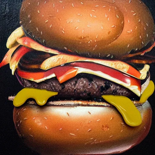 Prompt: mysterious portrait of Kim Kardashian emerging from the dark void eating burger, face partially melting like glitching out LSD effect, figure in the darkness of renaissance, serving big macs, covered in ketchup,Francisco Goya, painted by John Singer Sargant, Adrian Ghenie, style of Francis Bacon, highly detailed, 8k, trending on artstation