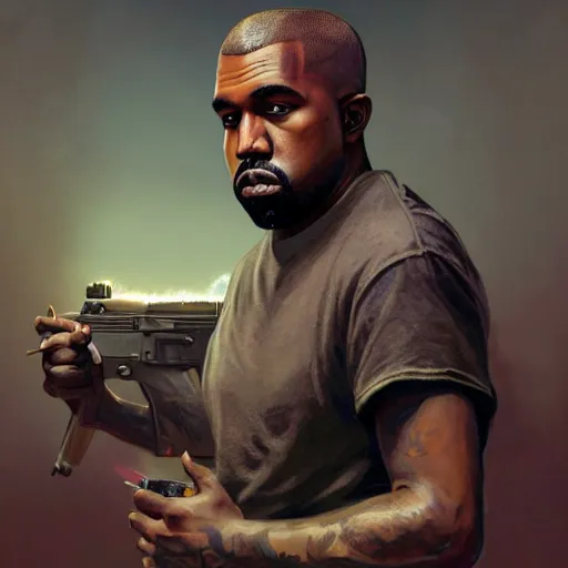 Image similar to highly detailed portrait kanye west holding pistol! gta v stephen bliss unreal engine fantasy art by greg rutkowski loish rhads ferdinand knab makoto shinkai lois van baarle ilya kuvshinov rossdraws tom bagshaw global illumination radiant light detailed intricate environment