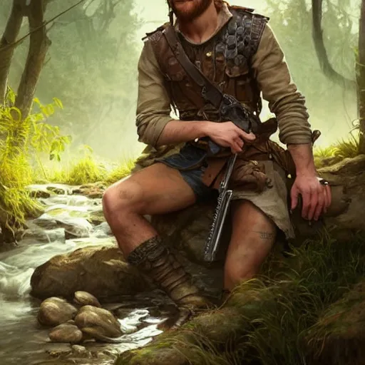 Image similar to young rugged ranger sitting by a stream, muscular thighs, D&D, fantasy, intricate, cinematic lighting, highly detailed, digital painting, artstation, concept art, smooth, sharp focus, illustration, art by Artgerm and Greg Rutkowski and Alphonse Mucha