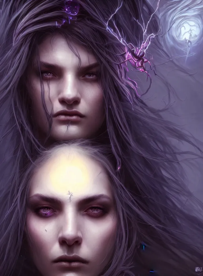 Image similar to Necromancer Sorceress face close-up macro in center, flying hair, fantasy magic, undercut hairstyle, dark light night, intricate, elegant, sharp focus, illustration, highly detailed, digital painting, concept art, matte, art by WLOP and Artgerm and Greg Rutkowski and Alphonse Mucha, masterpiece