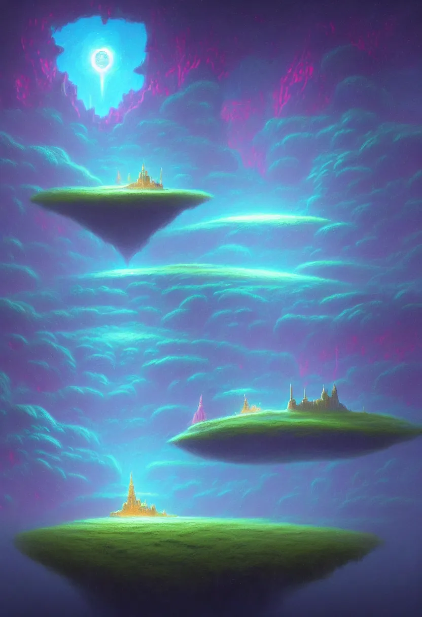 Image similar to an ultra detailed midjourney concept digital art painting of a singular floating island with a castle, flying citadel levitating across space in a misty pearlescent nebula by paul lehr kazumasa uchio situated in a starry expanse of bioluminescent cosmic worlds by beksinski and beeple, ecological art, flying citadel with towers, trending on artstation