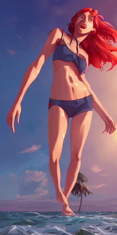 Image similar to lois van baarle, artgerm, helen huang, by makoto shinkai and ilya kuvshino, rossdraws, illustration, art by ilya kuyshuno. cute scarlet red haired cyborg woman, steel gray body, denim shorts, at beach at sunset, beautiful face, smile, elegant, exaggerated proportions, looking at me