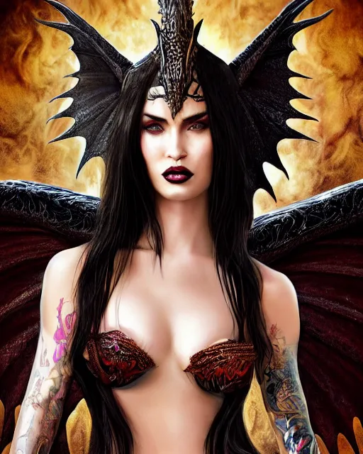 Prompt: very complex hyper-maximalist overdetailed cinematic tribal darkfantasy closeup portrait of a malignant beautiful young dragon queen megan fox with long black hair and dragon scale wings, Magic the gathering, pale skin and dark eyes,flirting smiling succubus confident seductive, gothic, vibrant high contrast, by andrei riabovitchev, tomasz alen kopera,moleksandra shchaslyva, peter mohrbacher, Omnious intricate, octane, moebius, arney freytag, Fashion photo shoot, glamorous pose, trending on ArtStation, dramatic lighting, Diesel punk, mist, ambient occlusion, volumetric lighting, Lord of the rings, BioShock, glamorous, emotional, tattoos,shot in the photo studio,Deviant-art, hyper detailed illustration, 8k