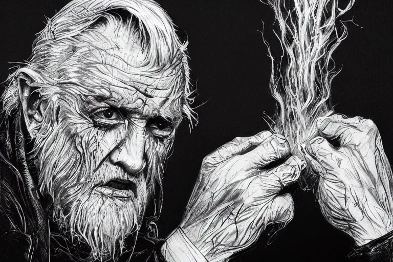 Prompt: intricate and dramatic sketch of an angry old man, messy white hair, wearing dark trenchcoat, with his hands spread, hyperdetailed, 80mm lens, by Greg Rutkowski and guweiz, white ink sketch on black paper