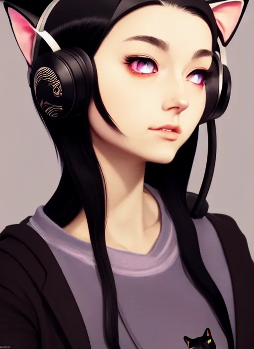 Prompt: a gamer girl wearing a cat ear headphone, looking at the camera, beautiful and aesthetic, close up, dramatic pose, intricate, highly detailed, detailed face, smooth, sharp focus, specular light, occlusion shadow, artgerm, artstation, art by mika pikazo and ilya kuvshinov and rembrandt and greg rutkowski, fantasy illustration