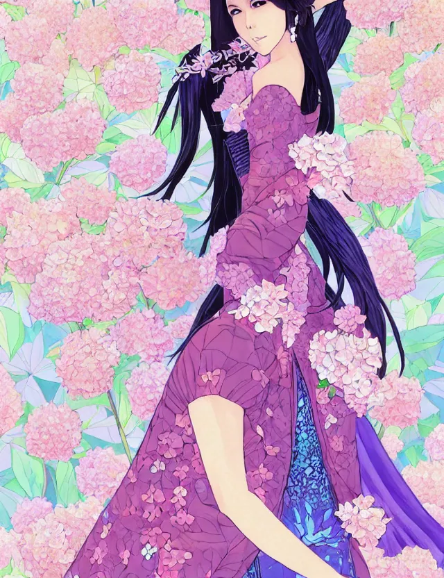 Prompt: southeast asian princess of the hydrangea mountains, wearing a lovely dress with cyberpunk elements. this gouache painting by the award - winning mangaka has an interesting color scheme, plenty of details and impeccable lighting.