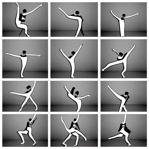 Prompt: visual instructions for a dance routine, black and white, ikea style, movement visible with dotted lines