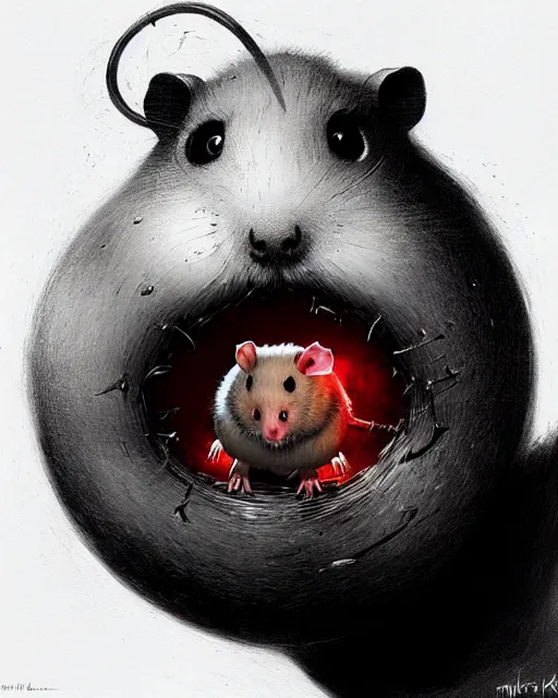 Image similar to wrecking ball the hamster from overwatch, with an evil and crazy look inn her eyes, character portrait, portrait, close up, concept art, intricate details, highly detailed, horror poster, horror, vintage horror art, realistic, terrifying, in the style of michael whelan, beksinski, and gustave dore