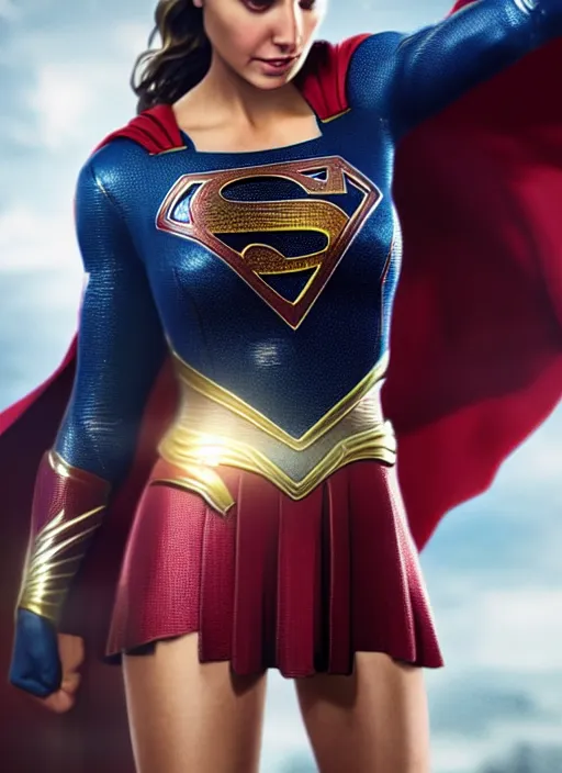 Image similar to a potrait of Gal Gadot as Supergirl suit with man of steel suit style with no cape on it and full armour by Zack Snyder, 8k photorealistic, cinematic lighting, HD, high details, dramatic, trending on artstation, view from above