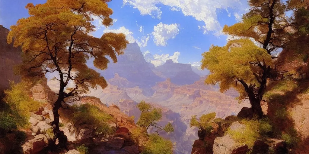 Prompt: single maple tree growing in grand canyon, stream, thomas moran, oil painting, highly detailed, masterpiece
