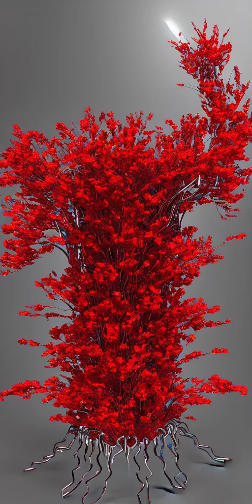 Image similar to 3 d photographic render of gate sculpture with red sakura flowers made of chrome, chrometype, made of liquid metal, neotribal with thorns and thunders, cyberpunk, raytracing, hyper realistic, volumetric lightning, 8 k, by zhelong xu and ouchh studio