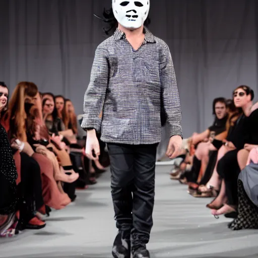 Prompt: Michael Myers walks the runway at a fashion show