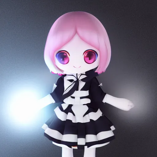 Prompt: cute fumo plush of a girl who's a famous actress, pop idol, lens flare outline glow, ssao, black and white, vray