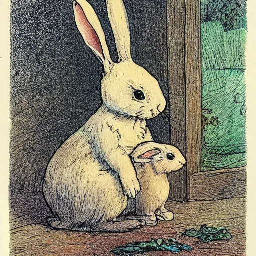 Prompt: very sad rabbit crying, by beatrix potter