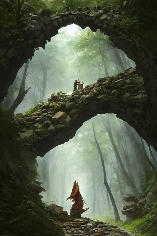 Image similar to big arch made of stones in a forest, d & d, fantasy, intricate, elegant, highly detailed, digital painting, artstation, concept art, matte, sharp focus, illustration, hearthstone, art by artgerm and greg rutkowski and alphonse mucha