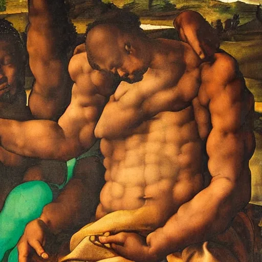 Prompt: Michelangelo painting of an African man holding hands with an Italian man