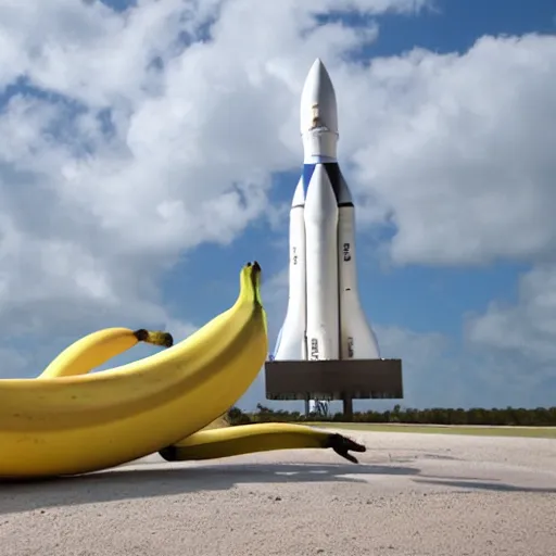 Prompt: a banana rocket on launch padat nasa's kennedy space center ( ksc ) in florida