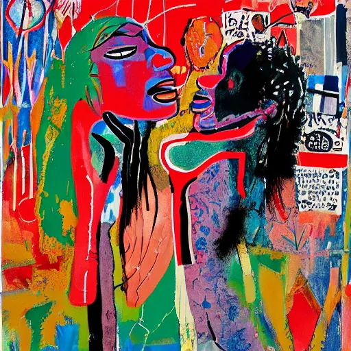 Prompt: acrylic painting of two bizarre psychedelic women kissing in japan in winter, speculative evolution, mixed media collage by basquiat and jackson pollock, maximalist magazine collage art, sapphic art, psychedelic illustration