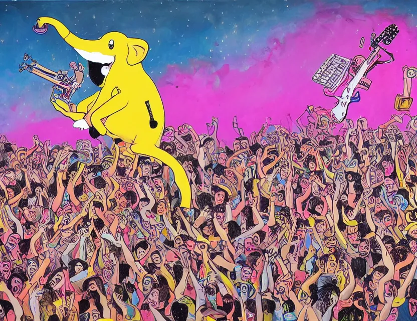 Image similar to a detailed painting of a concert by yellow bananas playing heavy metal while the pink elephants are stage diving in the sky in the style of artist James Jean