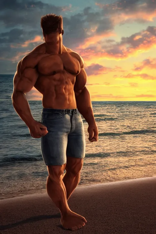 Image similar to a very muscular and defined man wearing ripped pants and shirt looking to the sea at sunset, godrays, complementary colors, natural lighting, portait image, path tracing, serene landscape, high quality, highly detailed, 8K, soft colors, warm colors, turbulent sea, high coherence, anatomically correct, hyperrealistic, concept art, defined face, five fingers, front view