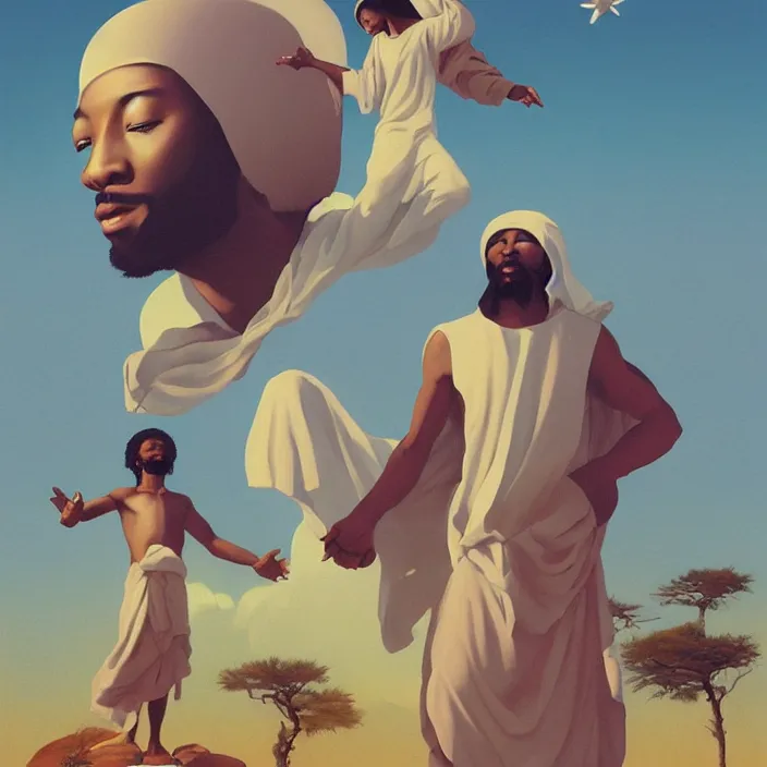 Image similar to UFO hovering over an African Jesus ,painting by Hsiao-Ron Cheng,