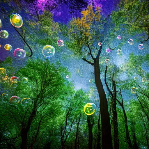 Image similar to professional photograph of a forest filled with glowing bubbles, evening, highly detailed, high quality, award-winning, awe-inspiring, spectacular, 8K, HD