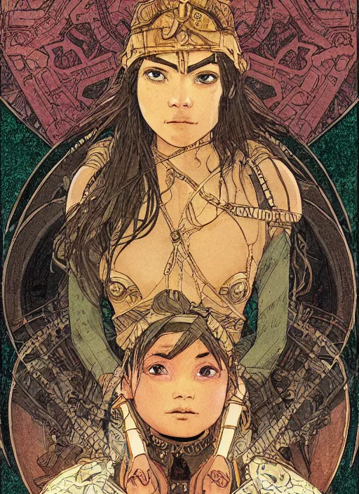 Prompt: portrait of a little warrior girl character sitting on top of a giant armored turtle in the desert, epic character with dark skin and beautiful green eyes. the girl has a very beautiful detailed symmetrical face, long black hair. the turtle has a big wise face and closed eyes, diffuse night light, dramatic landscape, fantasy illustration by mucha