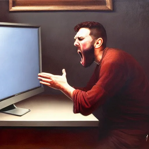 Image similar to an angry man yells at his computer monitor, oil on canvas, highly detailed, high resolution